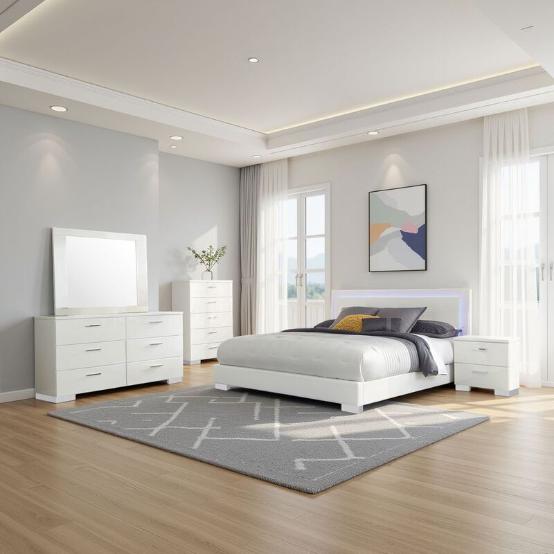 Sok 5pc Queen Bedroom Set, Faux Leather Upholstery, High Gloss White