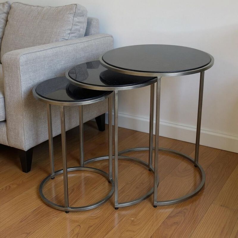 HomeRoots Set of Three Black and Gray Marble and Iron Round Frame Nested Tables image number 1