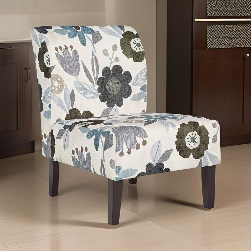 Rima Accent Chair, Ivory Gray Floral Pattern Polyester Cushion, Black Wood