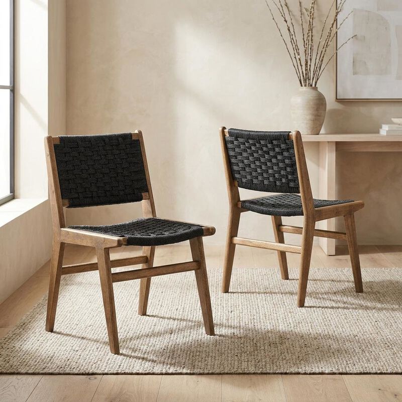 Woven Rope Wood Dining Side Chairs, Walnutt Black, Set of 2 image number 6