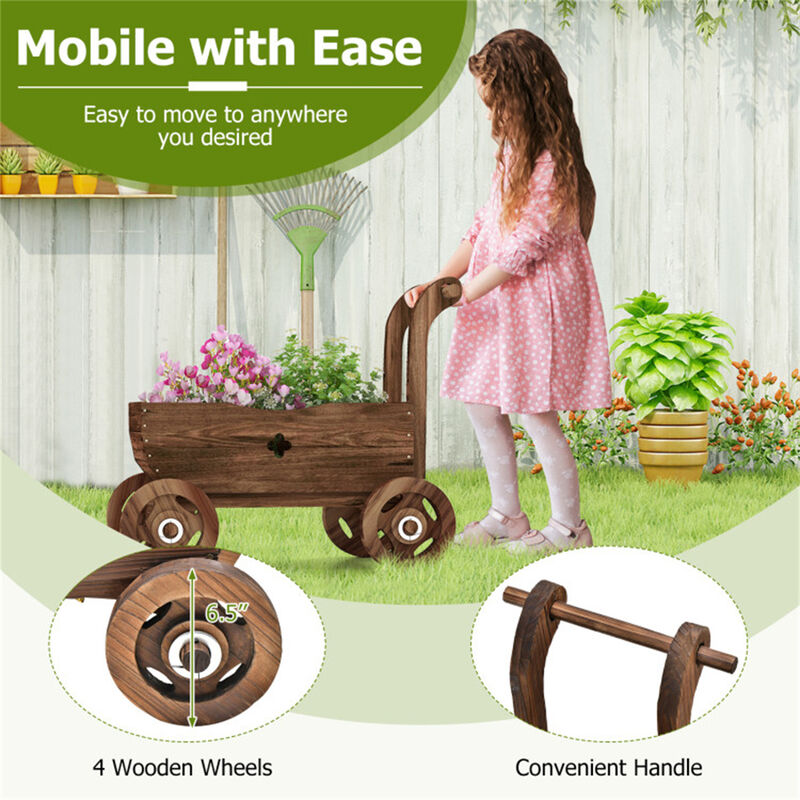 Rustic Wooden Wagon Cart, Rolling Garden Planter for Flowers & Plants