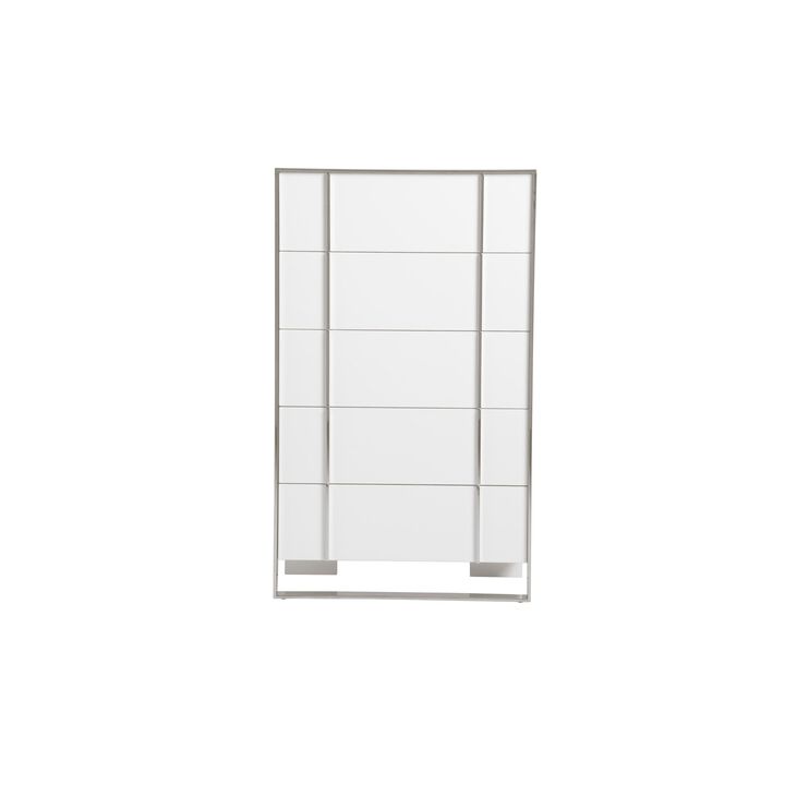 Cid Xato Tall Dresser Chest, Glossy White Wood and Steel, 5 Drawers, 55 Inch - Benzara
