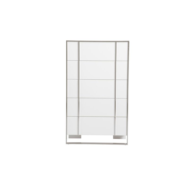 Cid Xato Tall Dresser Chest, Glossy White Wood and Steel, 5 Drawers, 55 Inch - Benzara