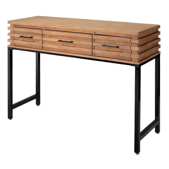 Console Table with Metal Base and 3 Drawers, Brown and Black-Benzara