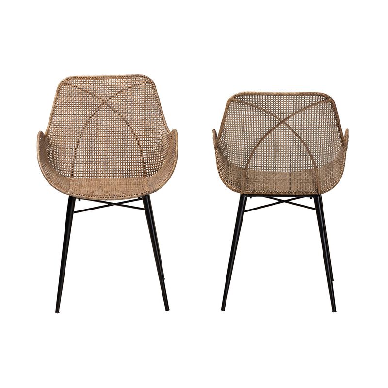 Baxton Studio Ballerina Modern Bohemian Greywashed Rattan and Black Metal 2-Piece Dining Chair Set