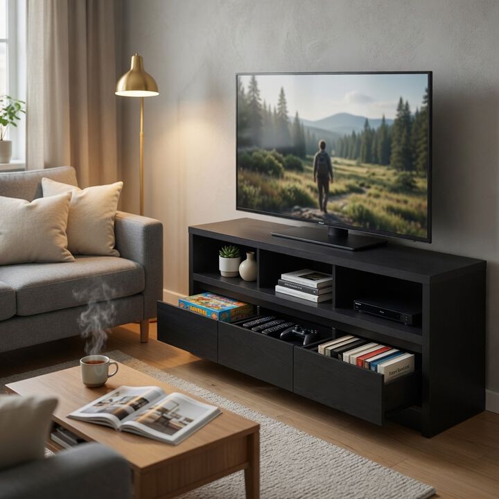 Rutvy TV Stand Media Console with 3 Drawers, Open Shelves, Black Wood