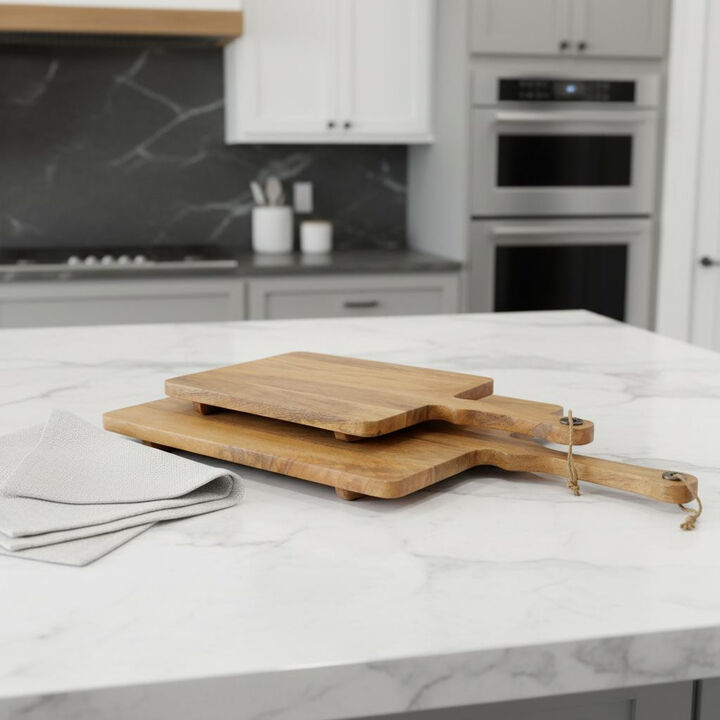 HomeRoots Set of Two Natural Solid Wood Handmade Serve Boards With Handles