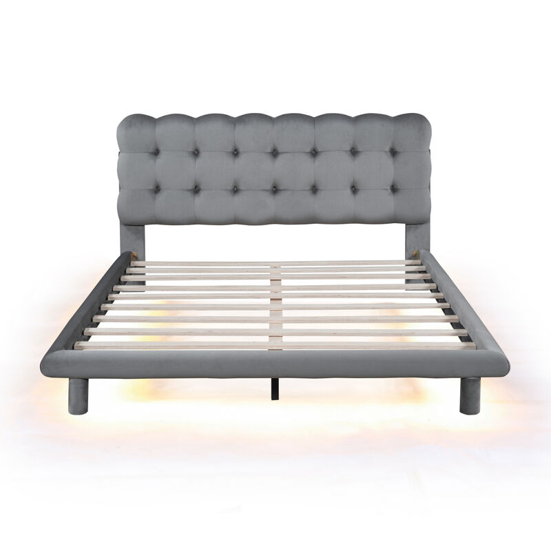 Queen Size Velvet Platform Bed with LED Frame, Thick Soft Fabric and Buttontufted Design Headboard, Gray