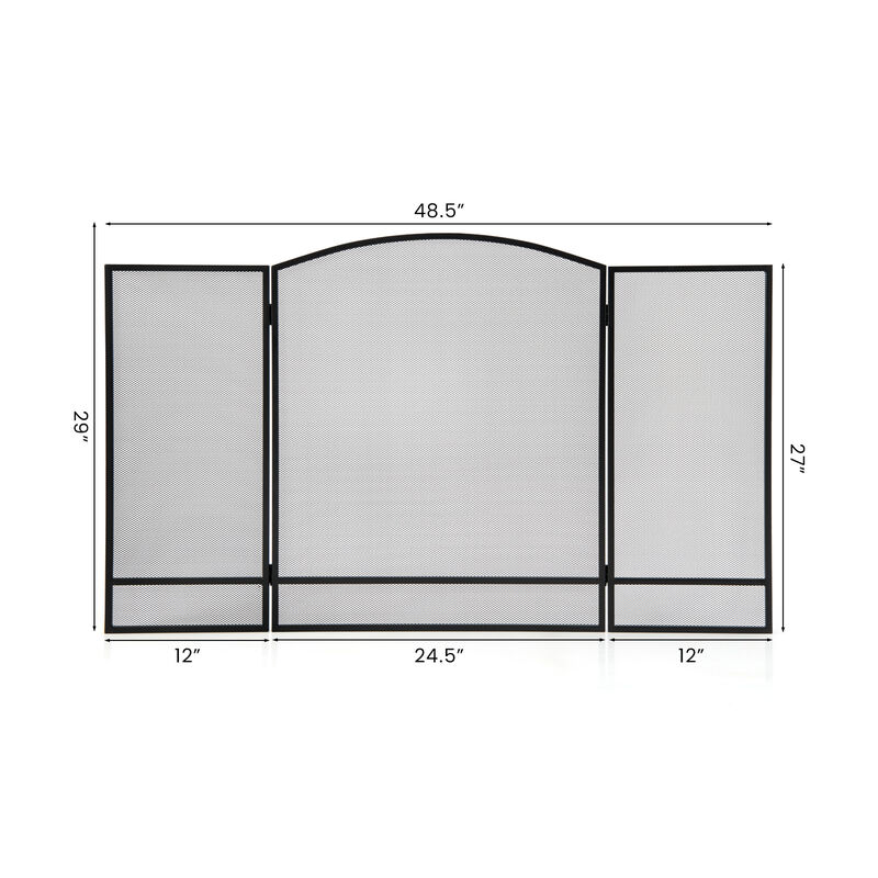 3-Panel Foldable Fireplace Screen with Wrought Metal Mesh-Black image number 8