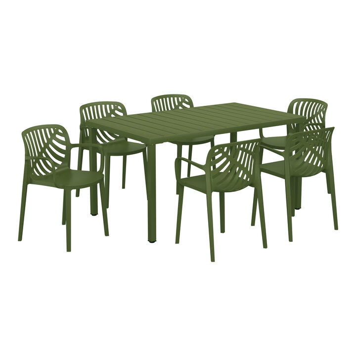 WestinTrends 7-Piece Outdoor Metal Rectangle Patio Dining Table Set With Stackable Resin Patio Dining Chairs