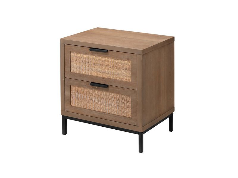 Side Table with MDF Frame and 2 Rattan Weaving Front Drawers, Brown - Benzara