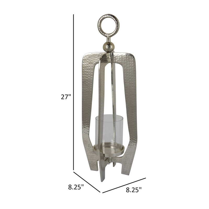 Brie Candle Holder Lantern, 27 Inch, Silver Metal Frame, Glass Shade - Benzara