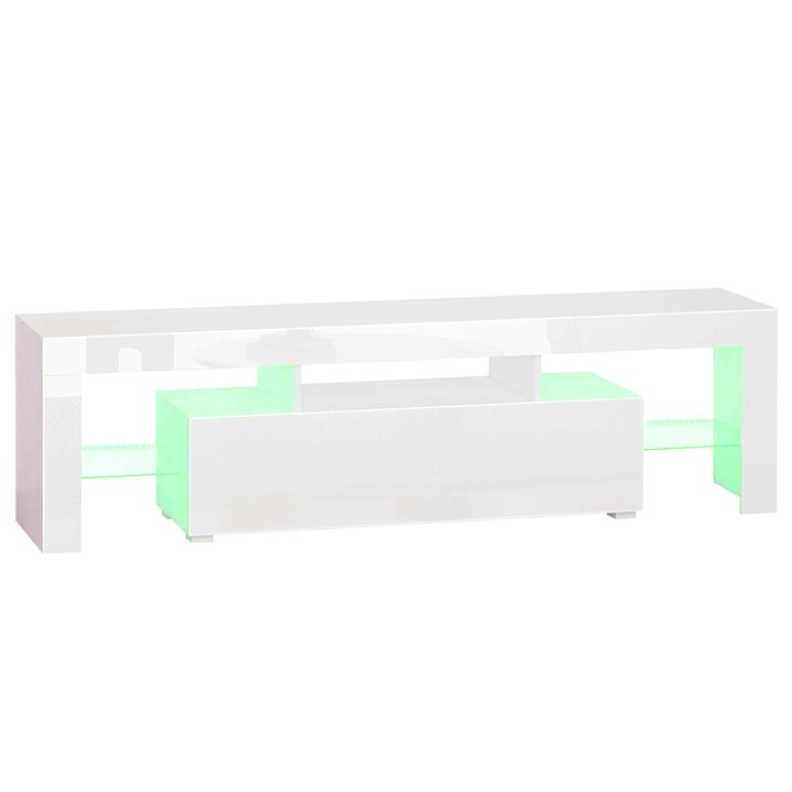High Gloss TV Stand Cabinet with Remote Controlled LED Lights, Media TV Console Table with Storage Compartment for TVs up to 65", White