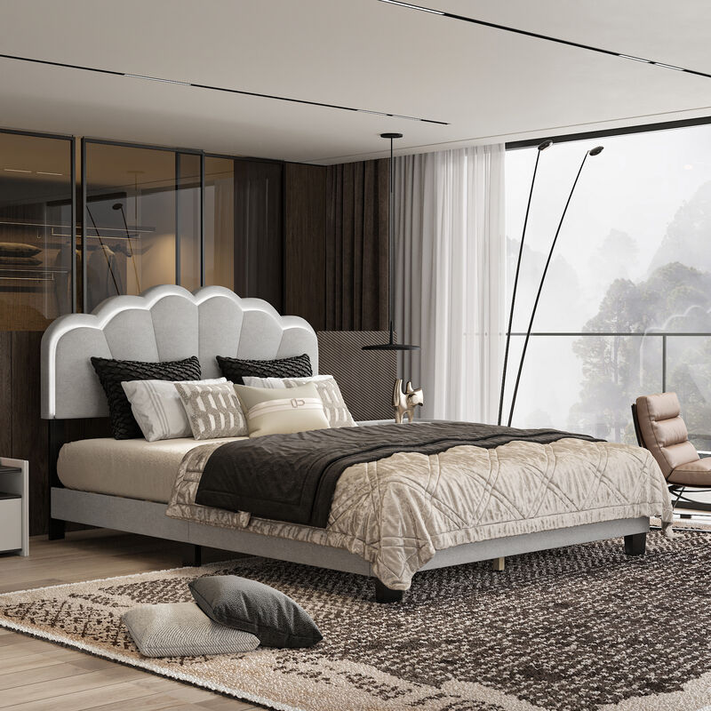 FUFU&GAGA Upholstered Bed with White Ambient LED Light, Queen Size, Soft Fabric Upholstery with MDF and Multi-Layer Board Construction, (82.3" D x 61.4" W x 44.3" H), Light Grey