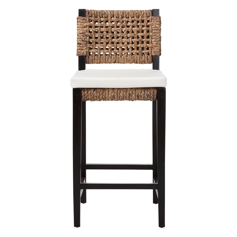bali & pari Alise Handwoven Seagrass Bar Stool with Mahogany Wood Frame - Bar-Height Chair with Woven Back and Seat for Kitchen Island or Home Bar, Dark Brown