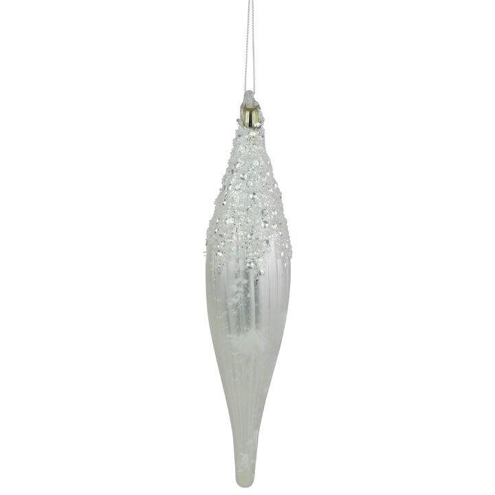 9.5" Matte White Sequin and Glitter Finial Glass Christmas Ornament