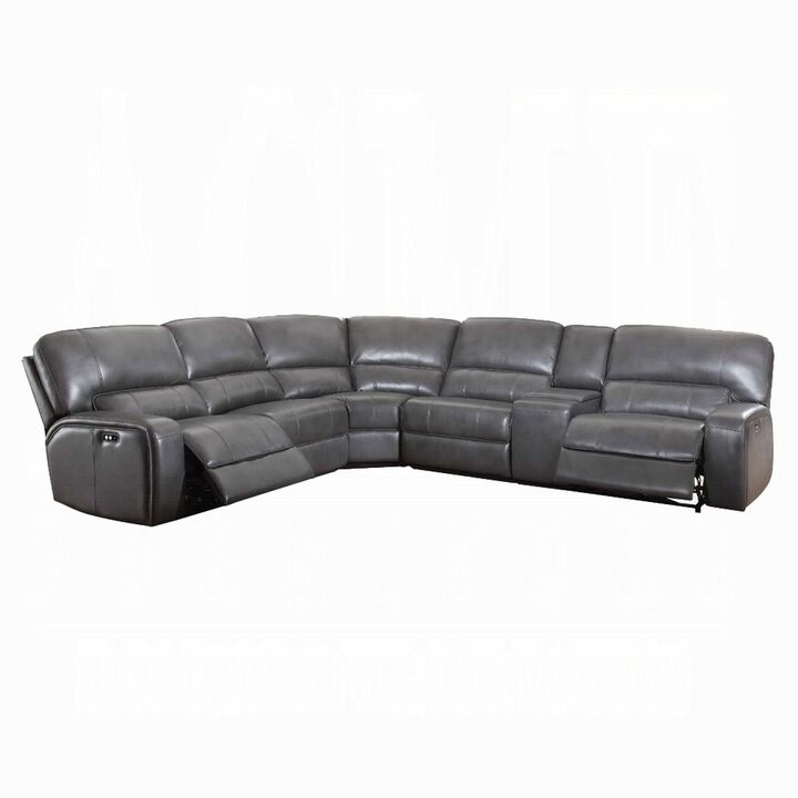 Saley Power Motion Sectional Sofa, USB, Gray Faux Leather, Console - Benzara