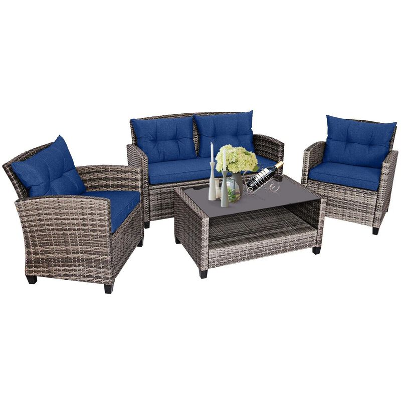 Mondawe 4 Pieces Patio Rattan Furniture Set with Coffee Table and Cushioned Sofa