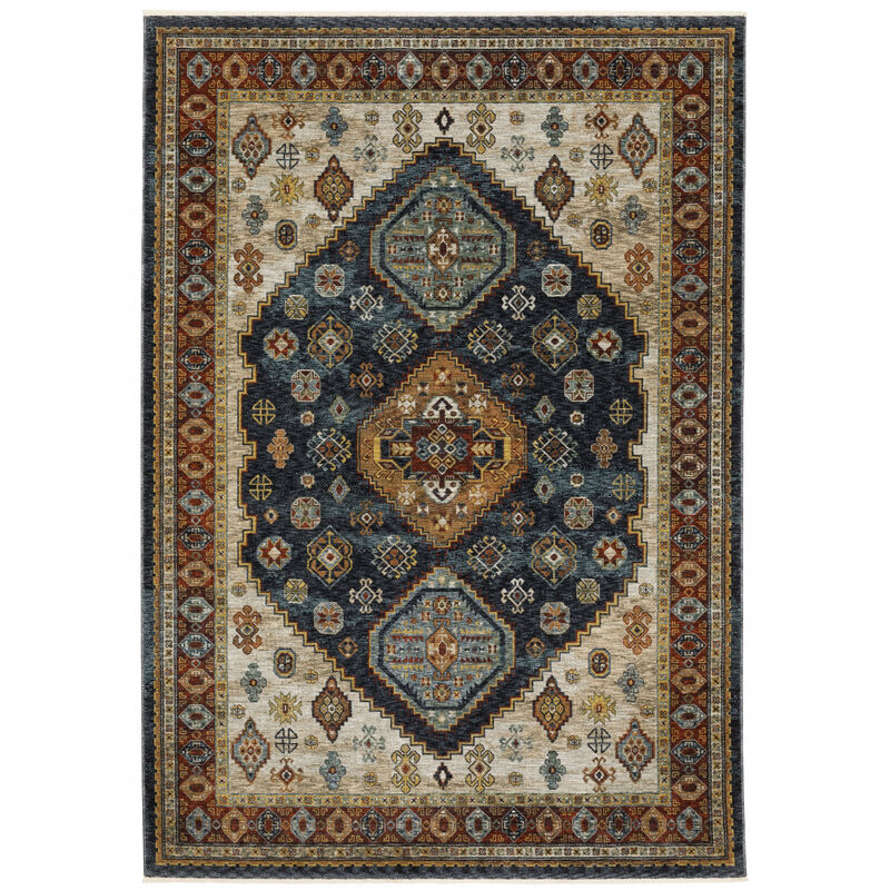 5 X 8 Blue Red Beige Orange gold And Tan Oriental Power Loom Stain Resistant Area Rug With Fringe