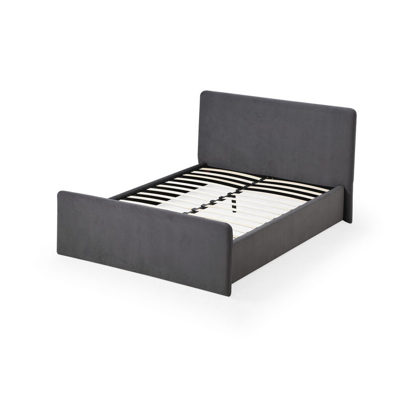 Cave California King Size Platform Bed, Velvet Upholstered, Charcoal Gray - Benzara