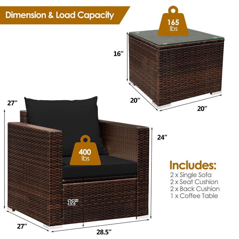 3 Pcs Patio Conversation Rattan Furniture Set with Cushion