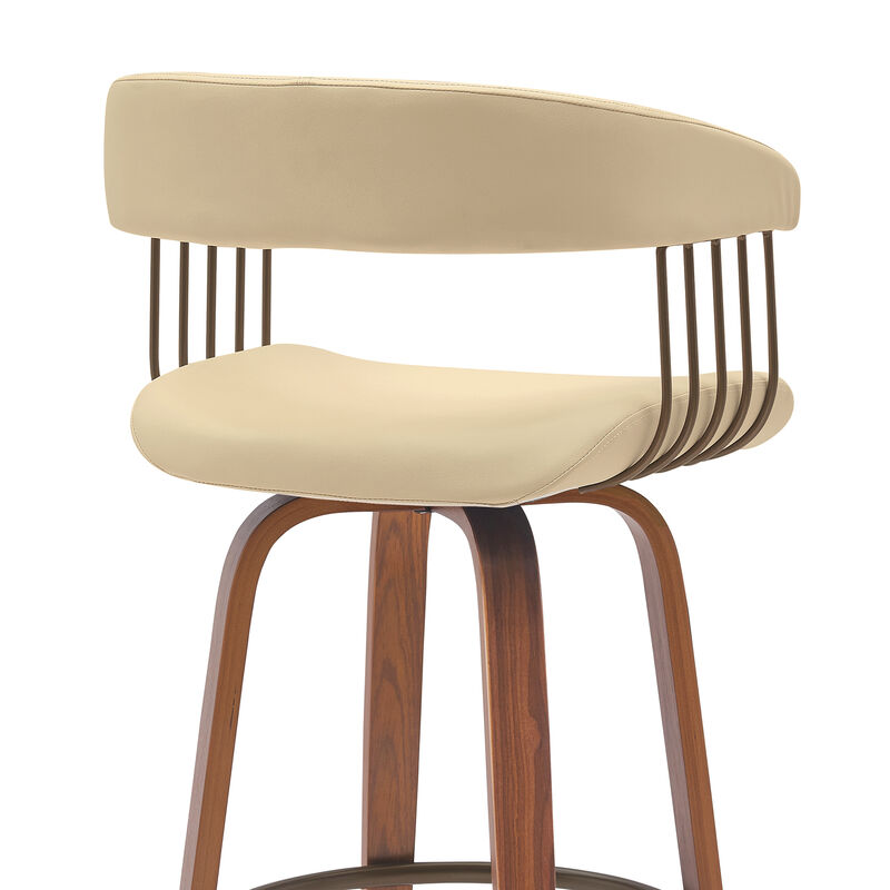 Topanga 26" Swivel Walnut Wood Counter Stool in Cream Faux Leather with Golden Bronze Metal