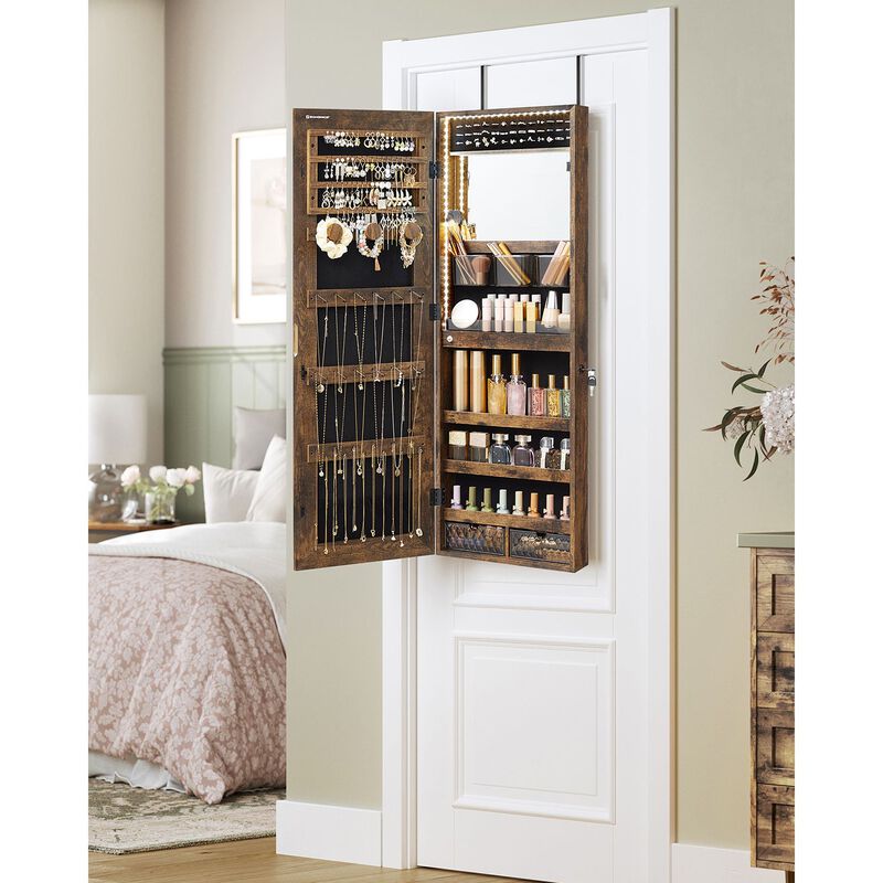 Freestanding Jewelry Armoire Organizer with LED Mirror &ndash; Lockable Storage Cabinet with Drawers, Hooks & Shelves for Bedroom
