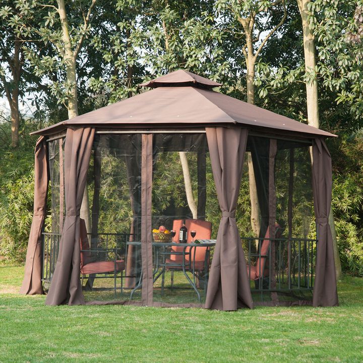 13' x 13' Party Tent, 2 Tier Outdoor Hexagon Patio Canopy, Curtains, Double Vented Roof Gazebo, UV and Water Protection for Weddings, Coffee