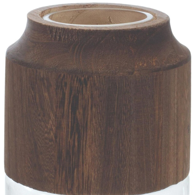 HomeRoots 9" Brown And Clear Glass Round Table Vase With Wood image number 2