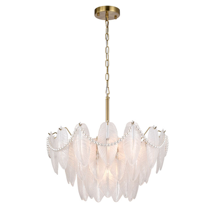 Abril Brushed Shiny Brass 7-Light Glass Feather-shaped Chandelier