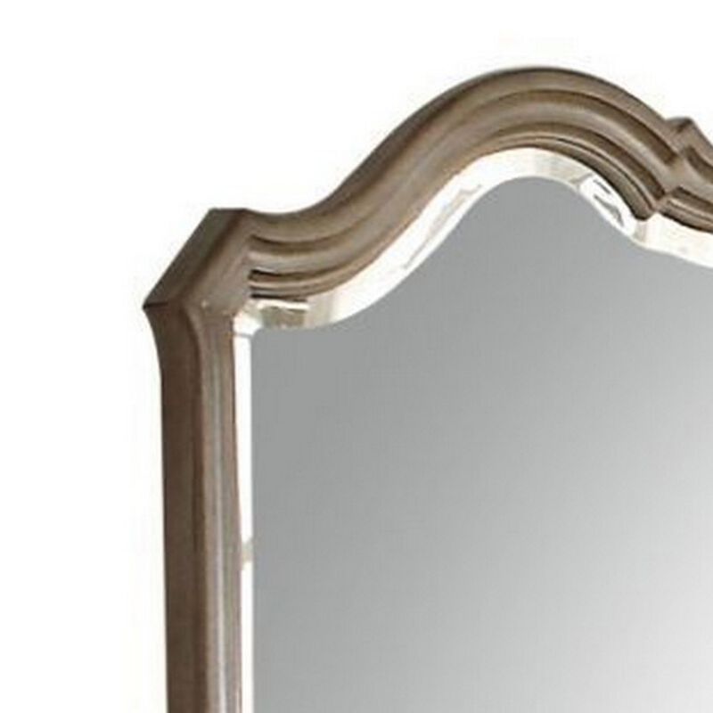 Wooden Molded Frame Mirror with Scalloped Design Top, Taupe Brown-Benzara