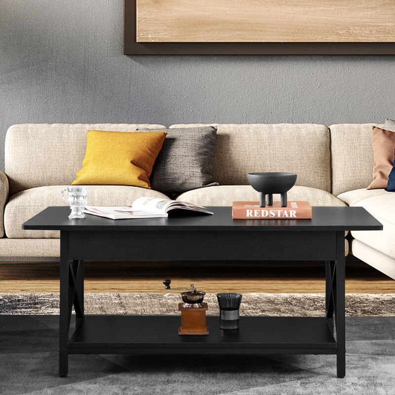 2-Tier Rectangular Coffee Table with Storage Shelf and X-Shaped Metal Frame