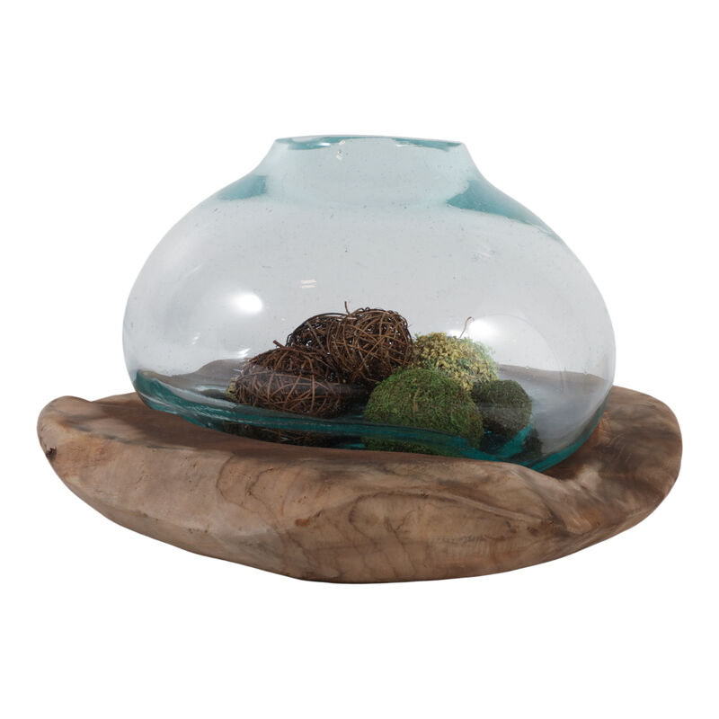 20x12" Glass Vase On Teak Wood, Clear/natural image number 1
