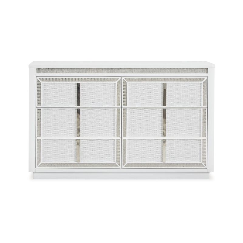 Canaal Wide Dresser, 6 Drawer, White Solid Wood, 64 Inch, LED Light - Benzara