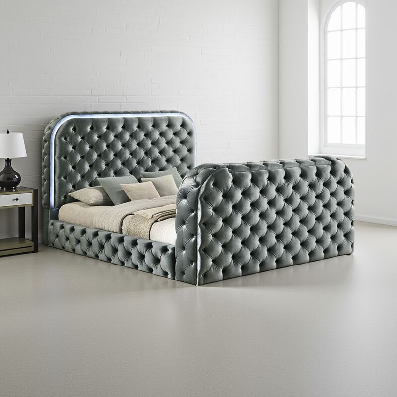 Kerie Queen Bed with LED Fireplace, Hidden Lift TV Stand, Gray Velvet - Benzara