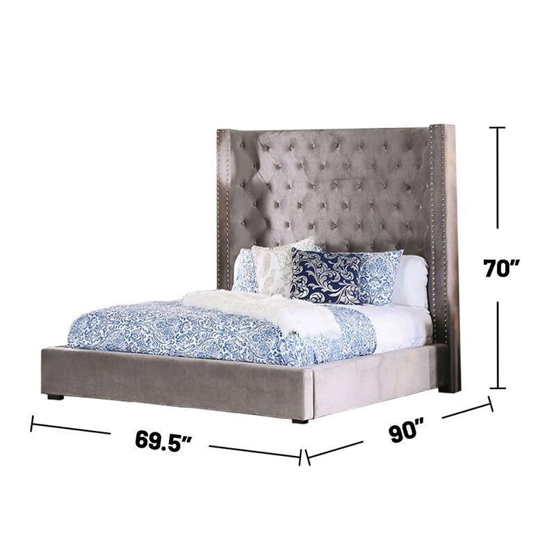 Simple Relax Velvet-like Fabric Queen Bed with Wingback Headboard in Gray image number 2