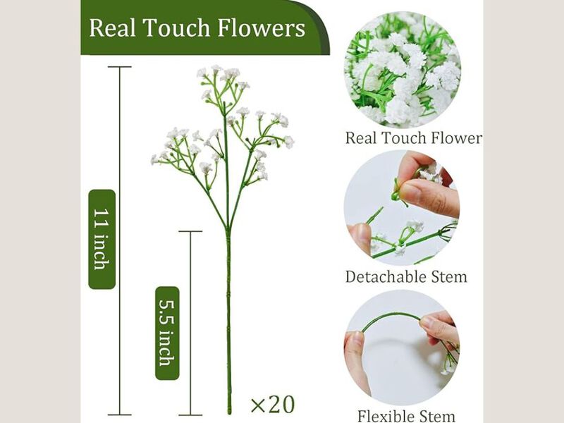 20 Piece White Artificial Baby Breath Flower Stems Real Touch Vase Filler image number 2