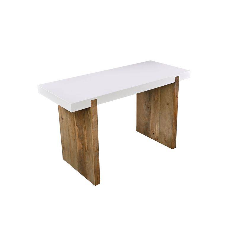 Kerry 48 Inch Rectangular Mango Wood Console Table, Sled Base, Glossy White, Natural Brown-Benzara