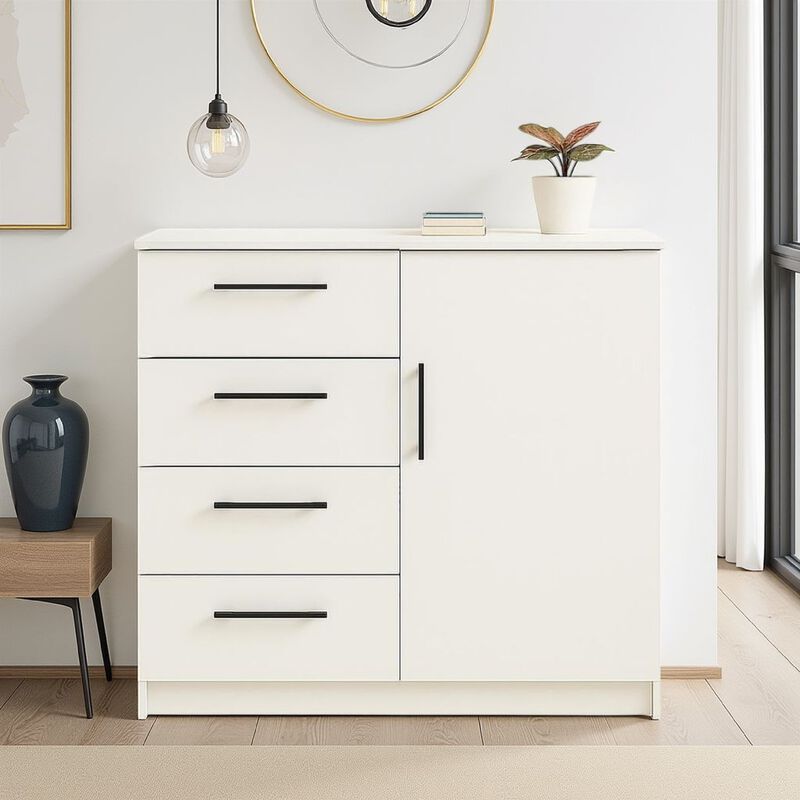 Roby Large Dresser Chest, 4 Drawers w Cabinet, 47 Inch, White Melamine