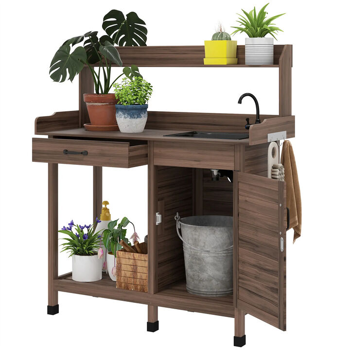 Outdoor Potting Bench with Sink, Faucet, Storage Cabinet, and Side Hooks