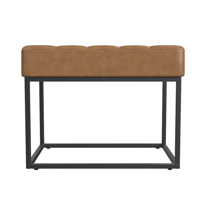 Kai Ottoman Footstool, Carmel Brown Faux Leather, Black Metal, 22 Inch