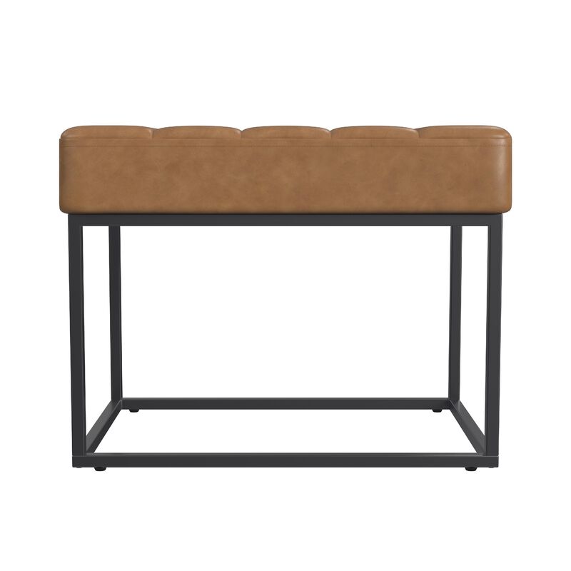 Kai Ottoman Footstool, Carmel Brown Faux Leather, Black Metal, 22 Inch