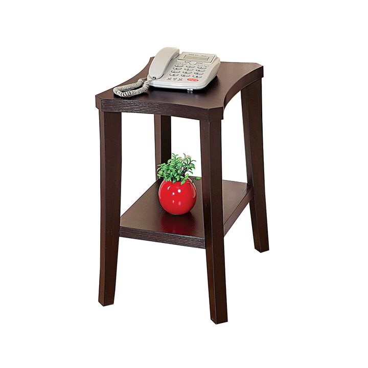 24 Inch Wood and Melamine Chairside Table, Curved Top, 1 Shelf,Cocoa Brown-Benzara