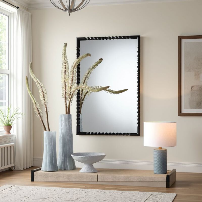 Perz Accent Wall Mirror, 24x36 Rectangular Beaded Frame, Forged Iron - Benzara