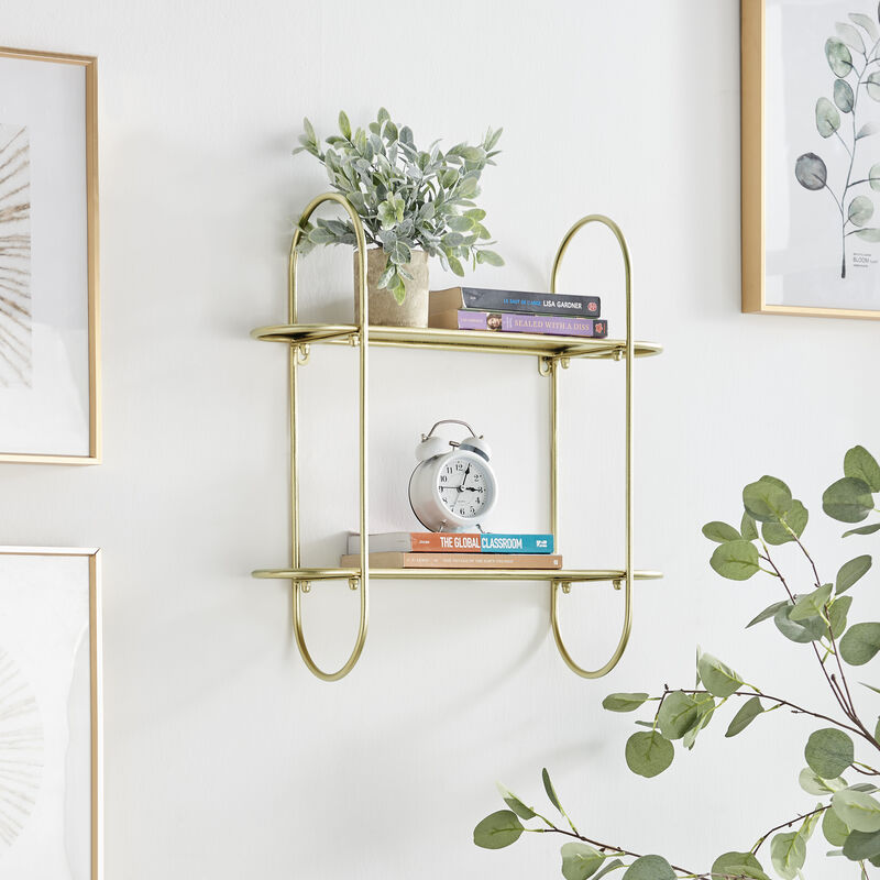 Two-Tier Warm Gold Metal Hanging Bracket Wall Mounted Shelf