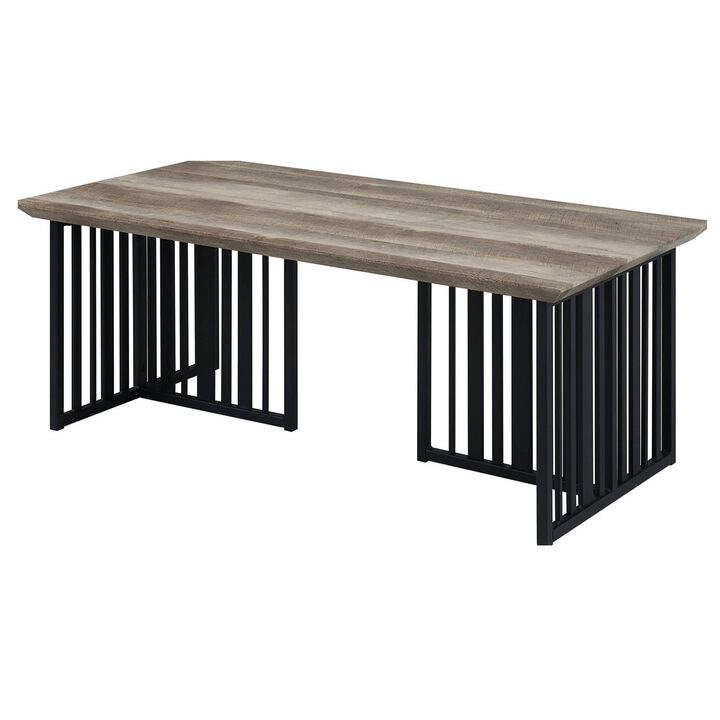 Nori 47 Inch Coffee Table, Distressed Brown Top, Black Metal Slatted Base