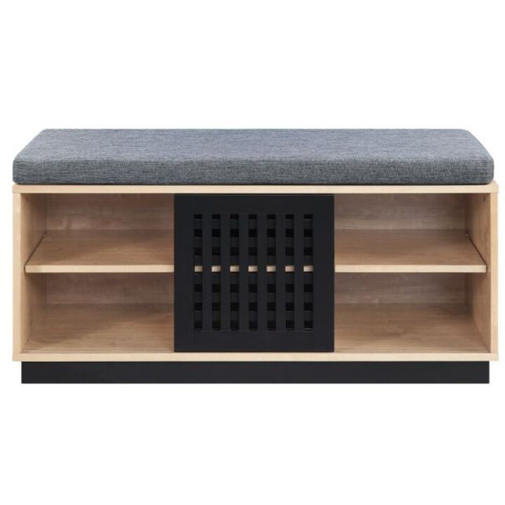 Nael 39 Inch Wood Bench with Cushioned Seat, 2 Slatted Cabinets, Oak, Black-Benzara