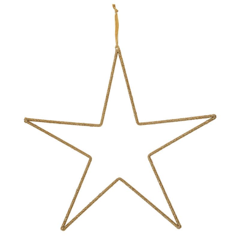 Hanging Metal and Glass Bead Star with Cotton Velvet Ribbon, Gold Finish image number 0