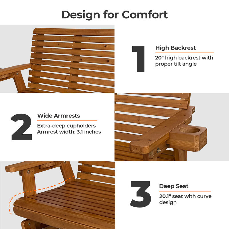 Wooden Patio Glider Bench with Cup Holders, High Roll Back and Deep Contoured Seat, Heavy Duty 800 Lb for Outdoor Porch Garden (3-Person) image number 5