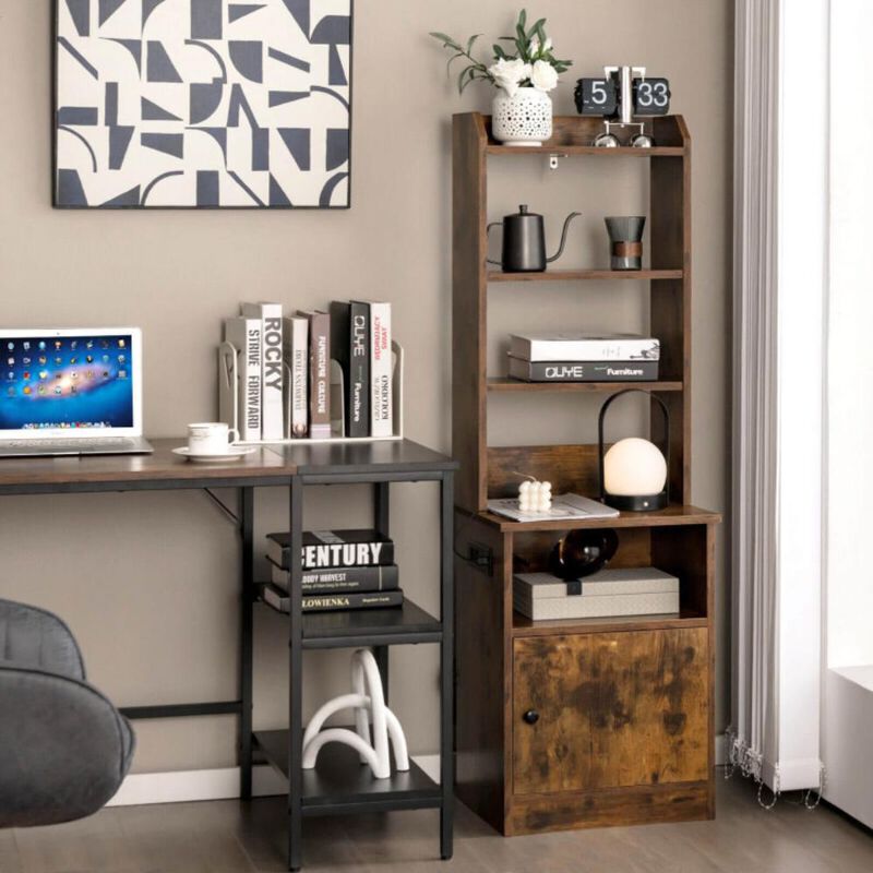 Hivvago 6-Tier Industrial Tall Bookshelf with Charging Station and Cabinet